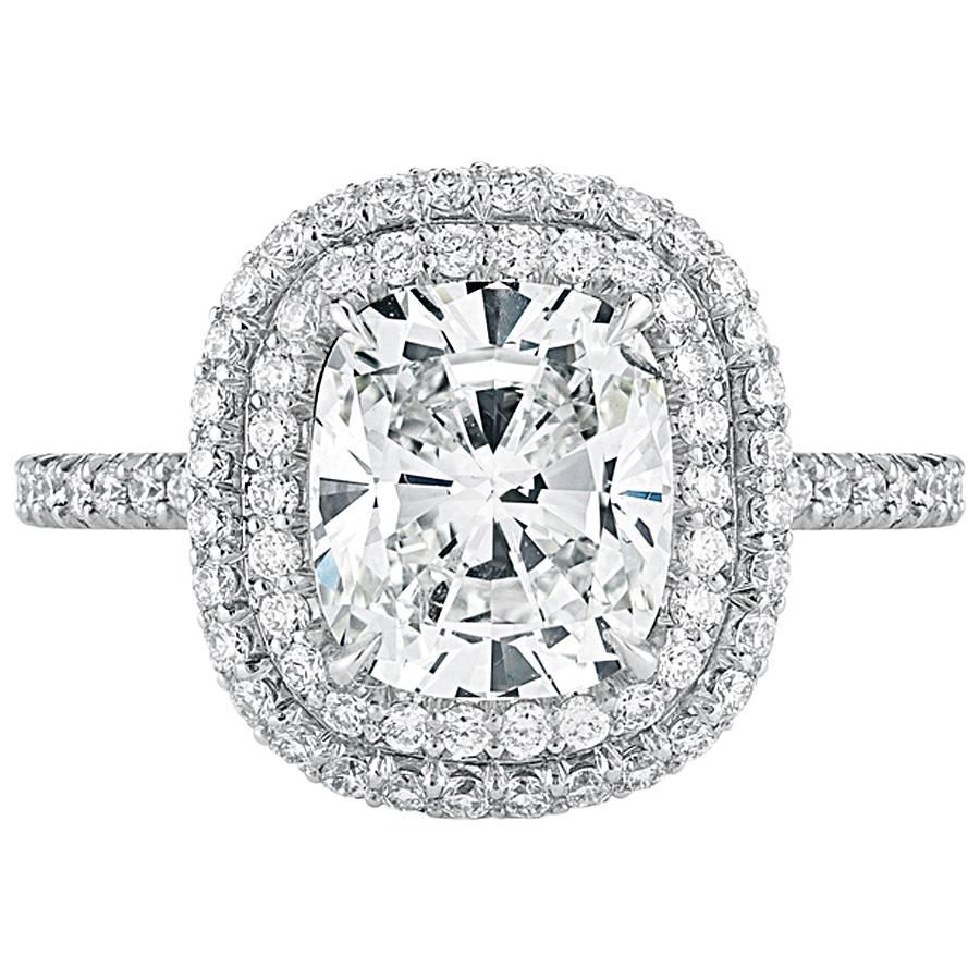 Forevermark Diamond Ring 2.03 Carat Cushion Diamond with Double Halo For Sale