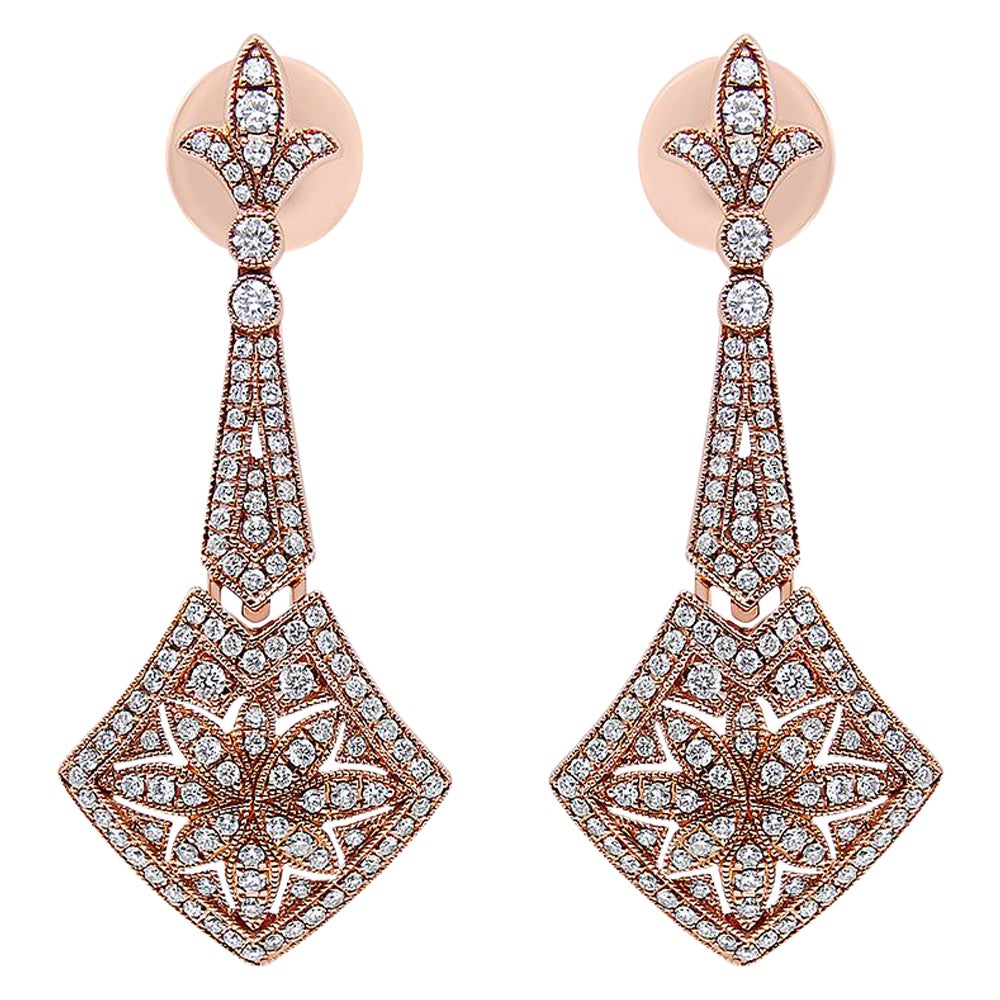 18K Rose Gold 1 1/3cttw Diamond Fleur De Lis Trellis Style Drop & Dangle Earring
