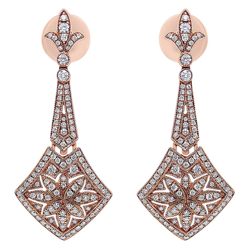 Boucles d'oreilles pendantes et pendantes Fleur De Lis en or rose 18 carats avec diamants de 1 1/3 carat poids total