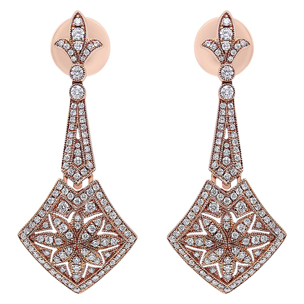Boucles d'oreilles pendantes en or rose 18K avec 1 1/3cttw Diamond Fleur De Lis Trellis Style