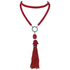 Multi-Strand Woven Coral Bead Tassel Sautoir Necklace