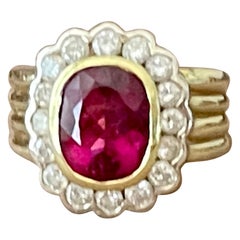 Vintage 18 K White Yellow Gold Ring Pink Torumaline Diamonds