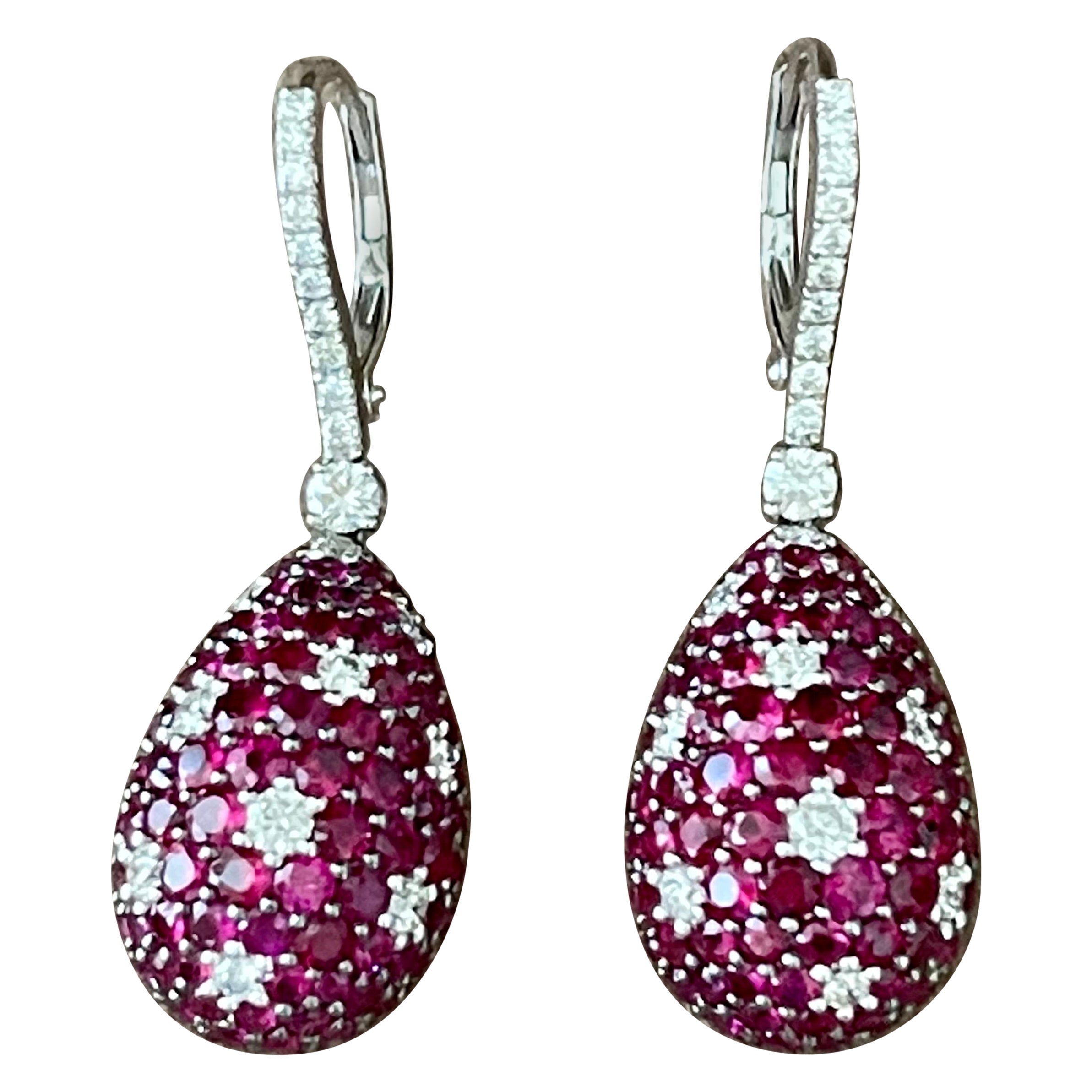 18 K White Gold Ruby Diamonds Lever Back Drop Earrings For Sale