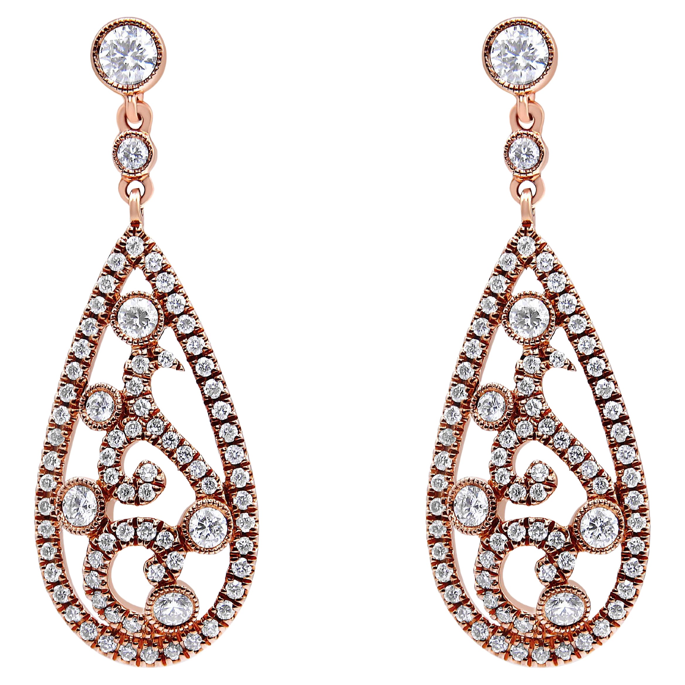 Clous d'oreilles en or rose 18 carats avec diamants en forme de goutte d'eau et pendants de 1 1/4 carat