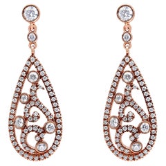 18K Rose Gold 1 1/4 Carat Diamond Teardrop Shaped Drop and Dangle Stud Earrings