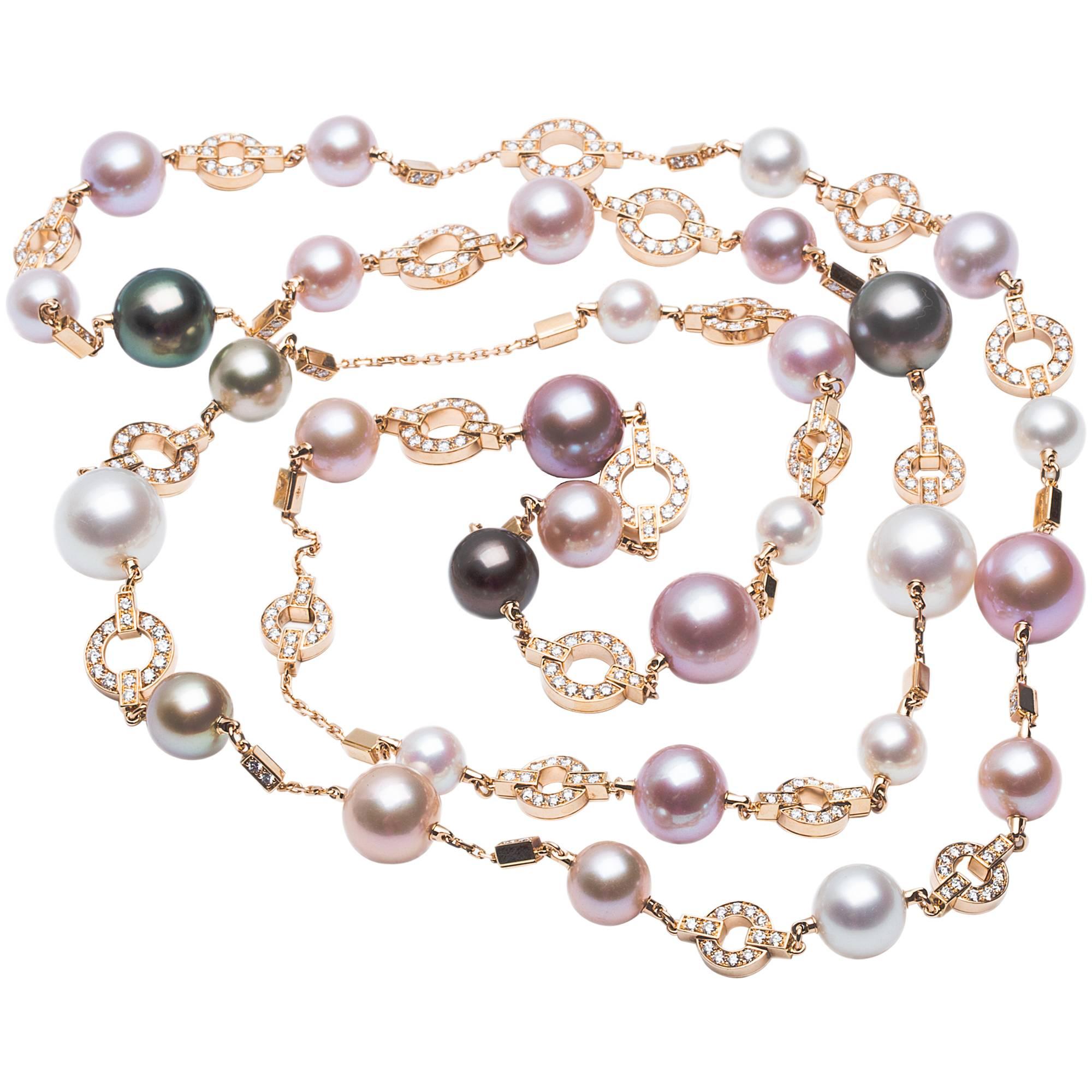 Cartier Himalia Multi-Color Pearl Diamond Gold Long Necklace For Sale