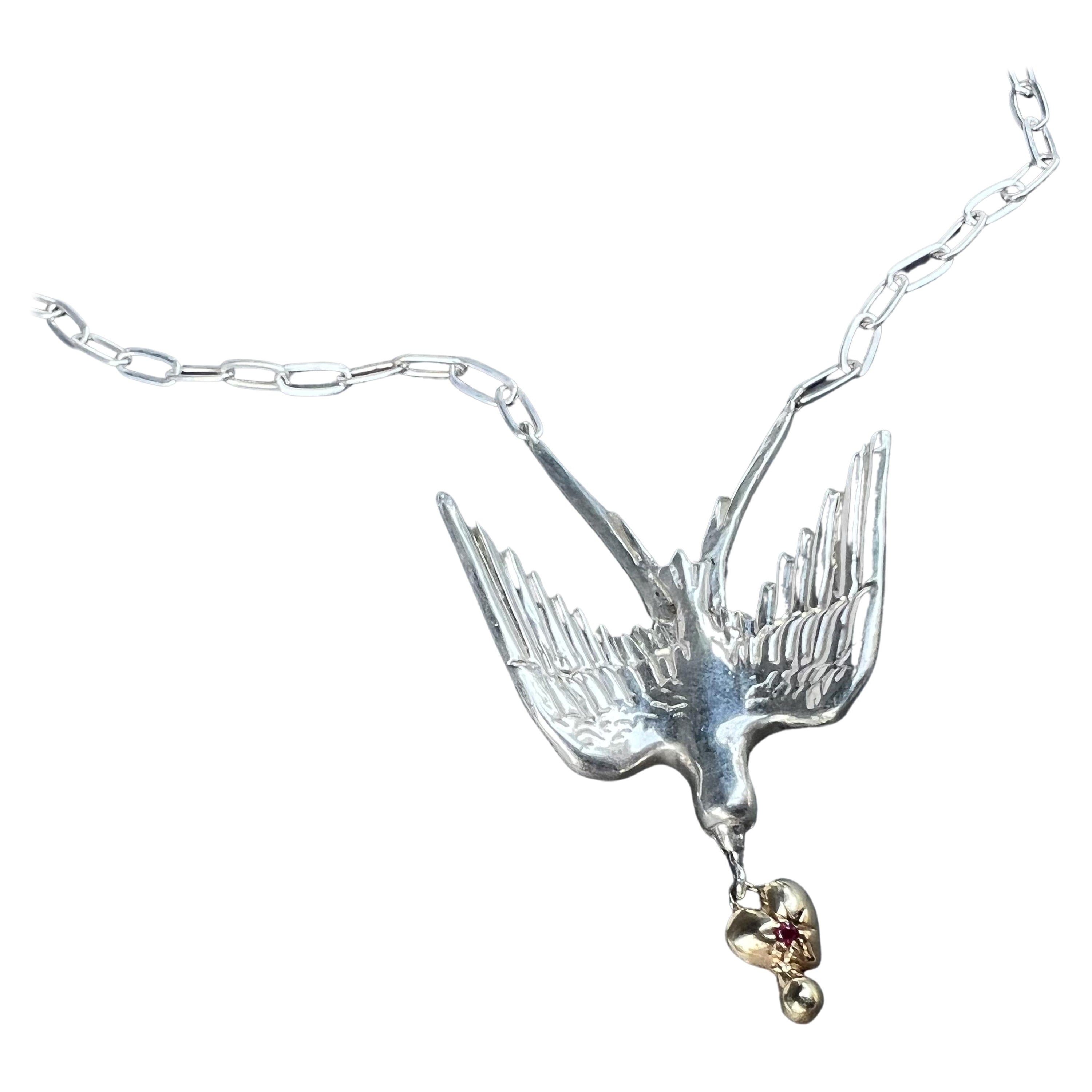 Collier à chaîne colombe Or Coeur Argent Rubis Style Victorien Bijoux animaux en vente