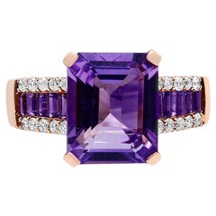 18K Rose Gold Emerald Cut Purple Quartz & 1/4 Carat Diamond Accent Cocktail Ring