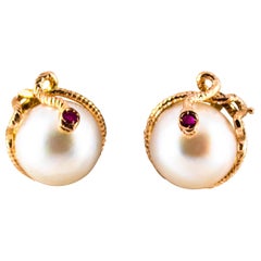 Art Nouveau Style 0.12 Carat Ruby Mabe Pearl Yellow Gold Dangle "Snake" Earrings