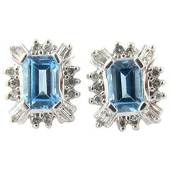 Vintage 14 Karat White Gold Blue Topaz and Diamond Earrings
