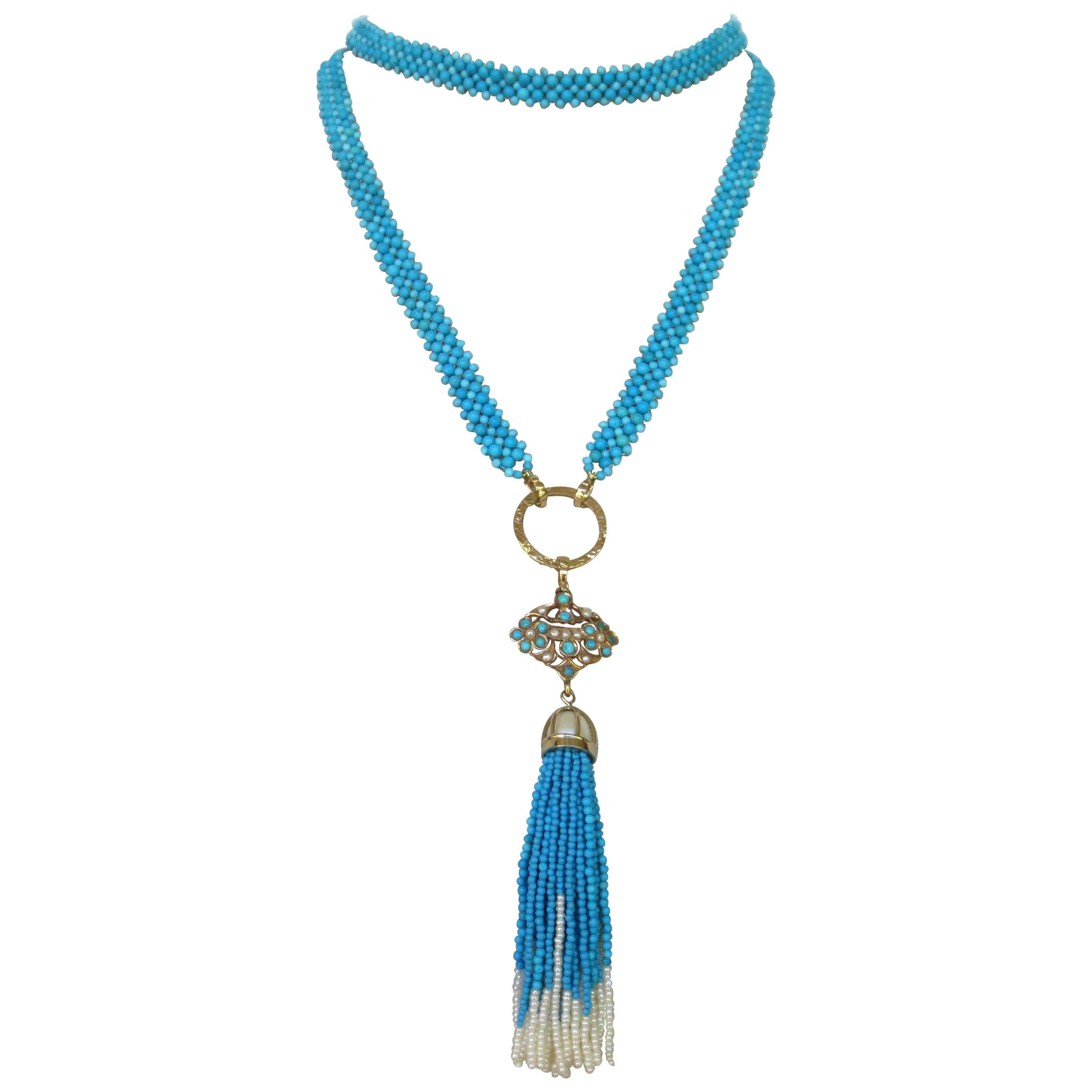 Marina j Multi-Strand Woven Turquoise Bead and Pearl Sautoir Necklace