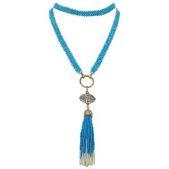 Multi-strand Woven Turquoise Bead and Pearl Sautoir Necklace 8
