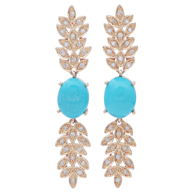 Turquoise, Diamonds, 14 Karat Rose Gold Dangle Earrings at 1stDibs