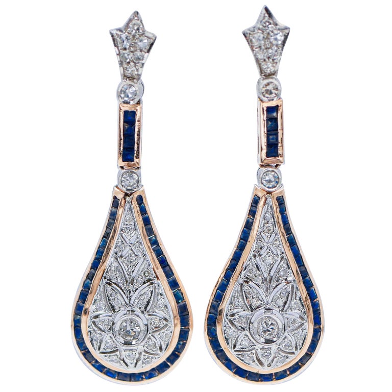 Sapphires, Diamonds, 14 Karat Rose and White Gold Earrings For Sale