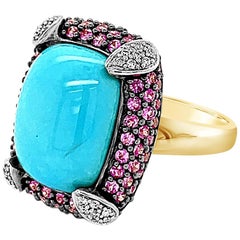 Le Vian Ring with Turquoise, Pink Sapphire, Vanilla Diamonds 14 Karat Honey Gold