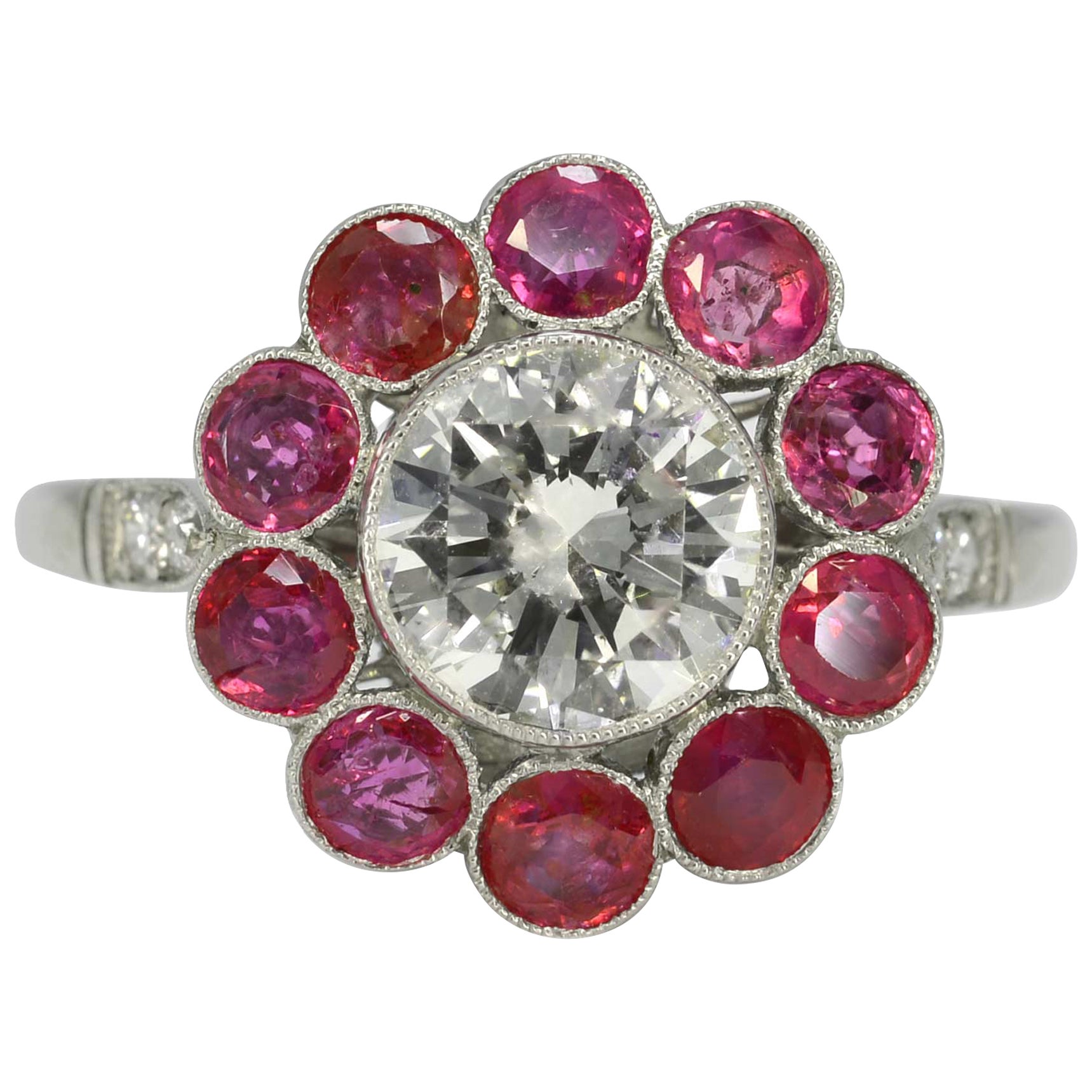 Contemporary Diamond and Ruby Halo Flower Engagement Ring For Sale