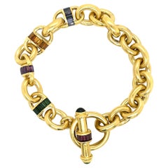 18 Karat Yellow Gold Heavy Link Gemstone Bracelet 74.4 Grams