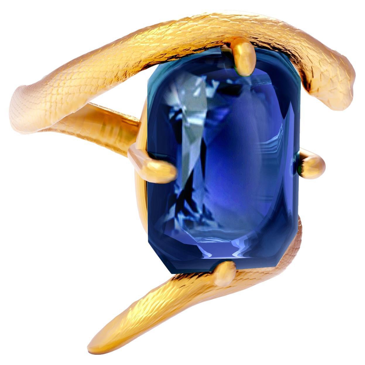 Yellow Gold Egyptian Revival Ring with Natural FGL Cert. 7, 54 Cts Blue Sapphire For Sale
