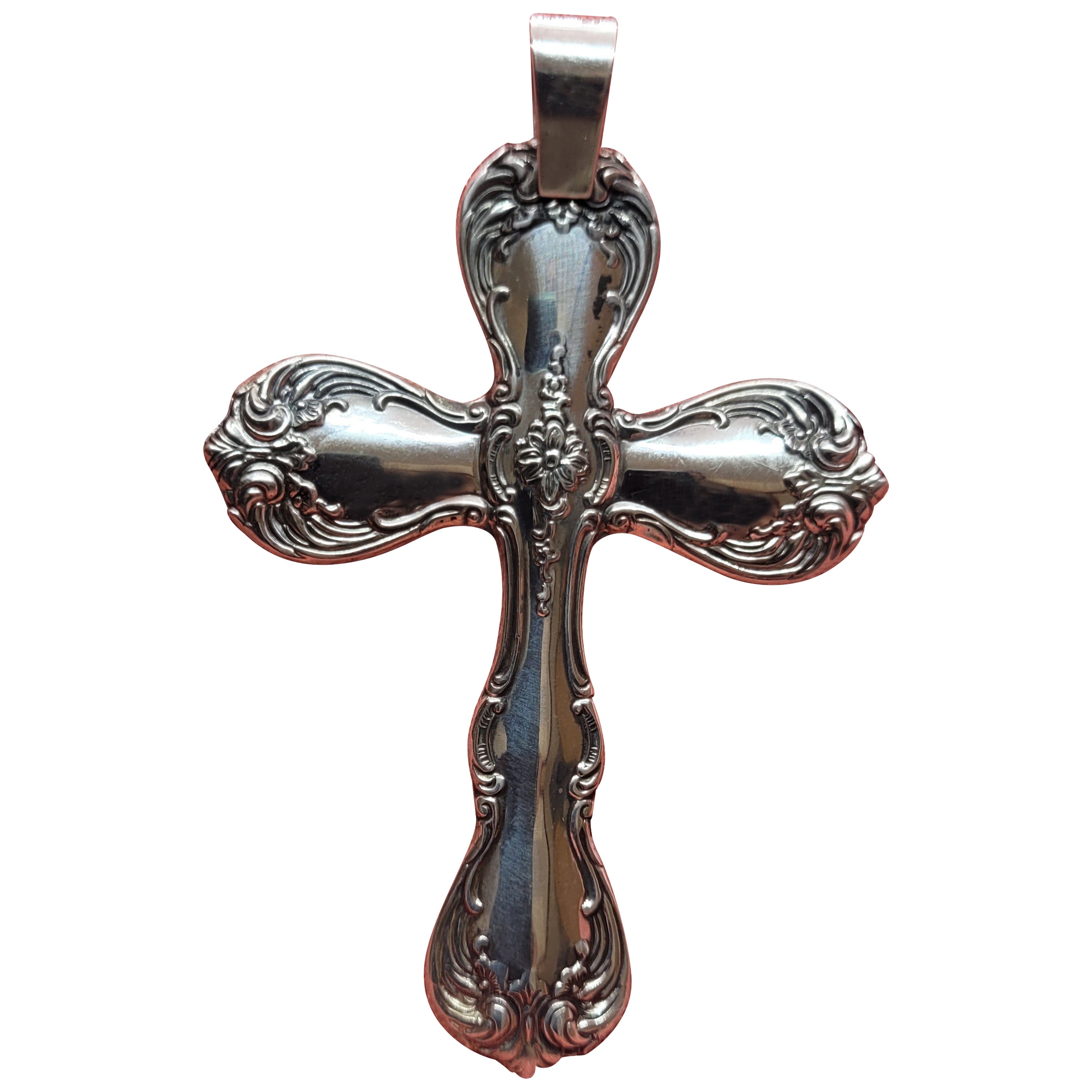 Sterling Silver Antique Spoon Cross Pendant, Floral Scroll, 'Towle Sterling For Sale