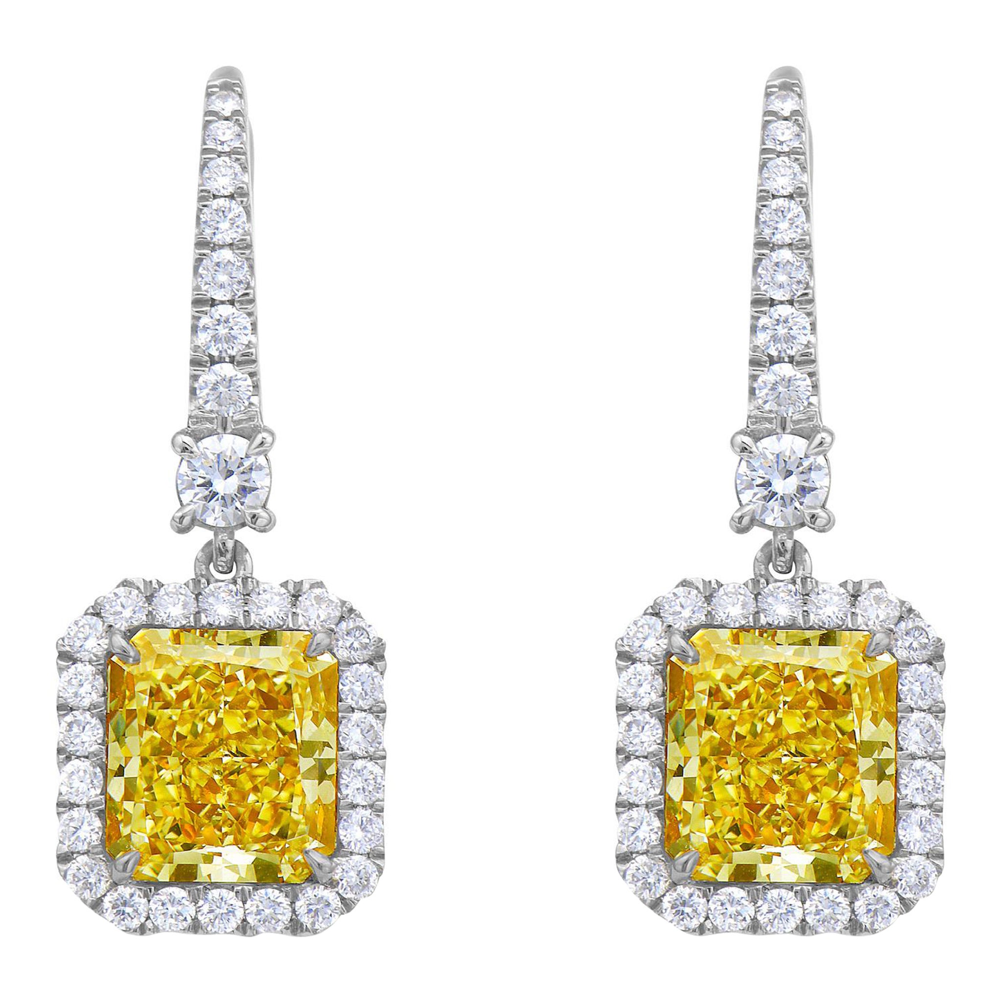 2.41 & 2.47ct Fancy Light Yellow Radiant Diamond Drop Earrings