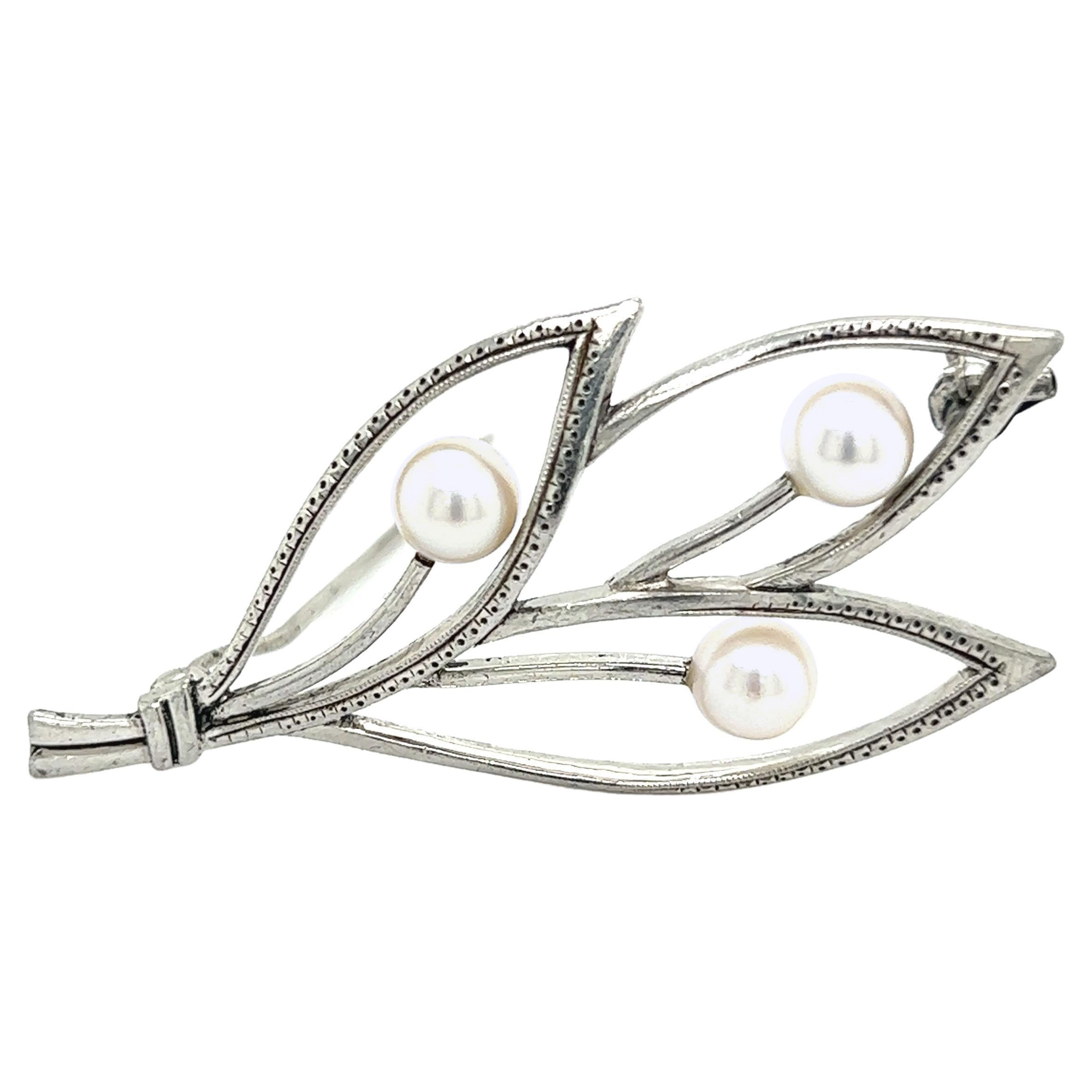 Mikimoto Estate Akoya Pearl Brooch Pin Sterling Silver For Sale