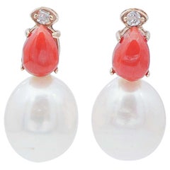 Pearls, Coral, Diamonds, 14 Karat Rose Gold Big Earrings