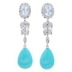Turquoise, Aquamarine, Diamonds, Platinum Dangle Earrings