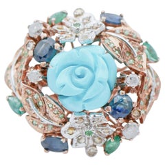 Turquoise, Sapphires, Emeralds, Tsavorite, Diamonds, Rose Gold and Silver Ring