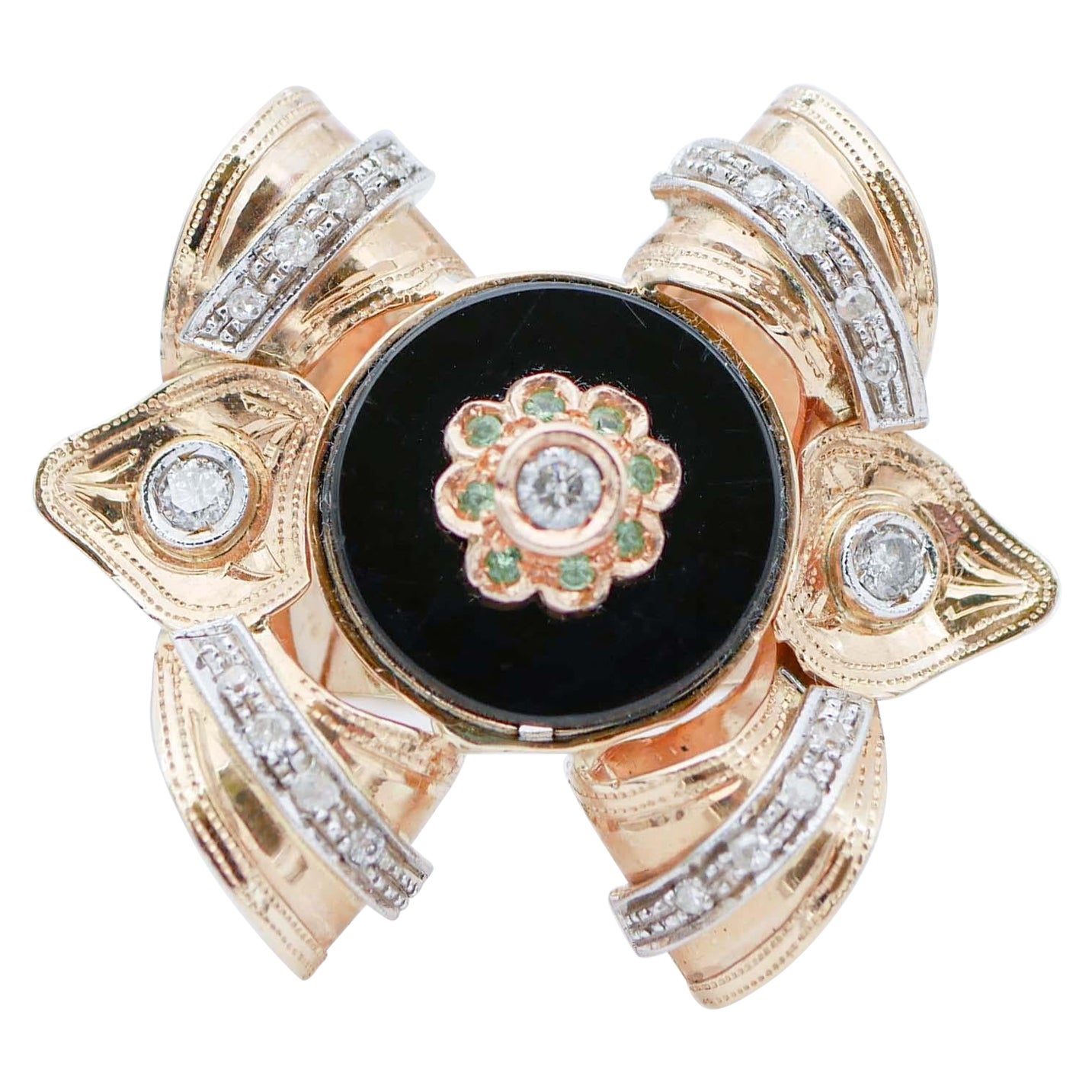 Onyx, Tsavorite, Diamonds, 14 Karat Rose Gold Ring For Sale