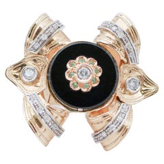 Vintage Onyx, Tsavorite, Diamonds, 14 Karat Rose Gold Ring