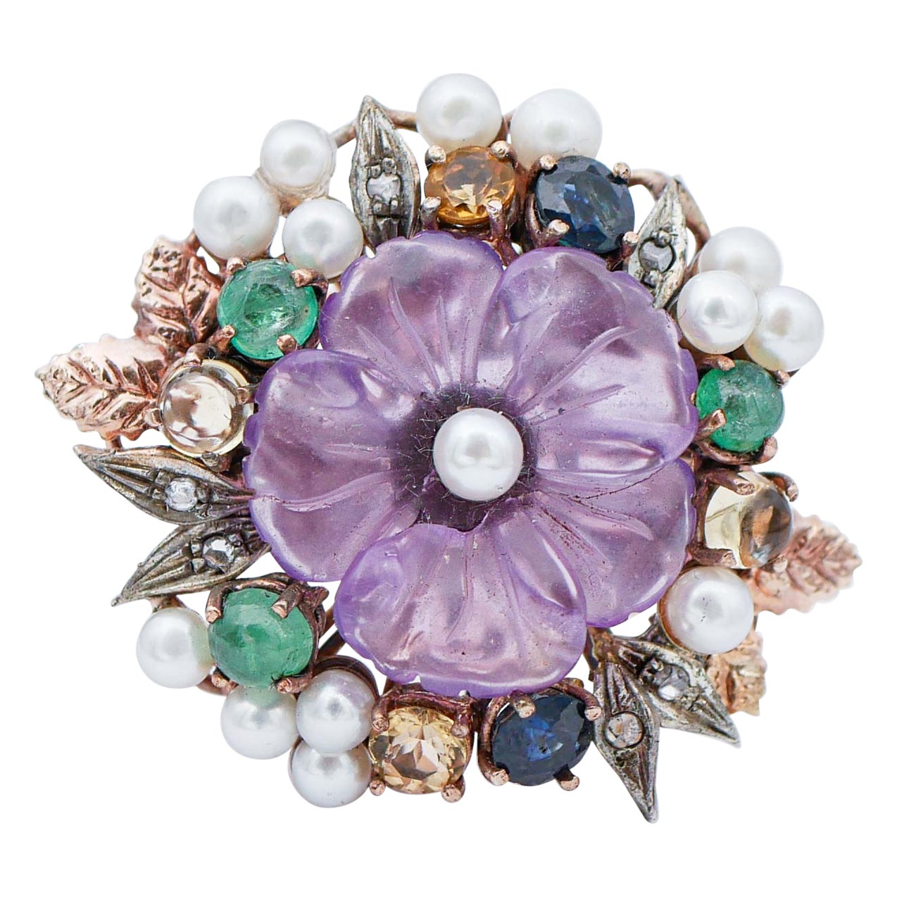 Hydro Amethyst, Pearls, Emeralds, Sapphires, Diamonds, Gold and Silver Ring For Sale