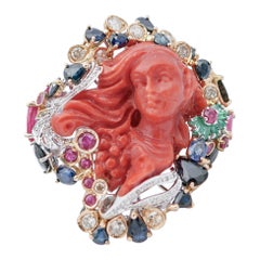 Vintage Coral, Sapphires, Rubies, Emeralds, Diamonds, 14 Karat White and Rose Gold Ring