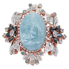 Aquamarine, Sapphires Diamonds, 14 Karat Rose Gold and Silver Ring