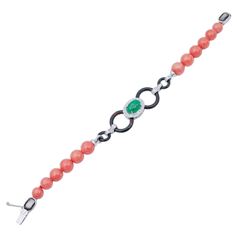 Coral, Emerald, Diamonds, Onyx,  Stones, Platinum and 14 Kt White Gold Bracelet For Sale