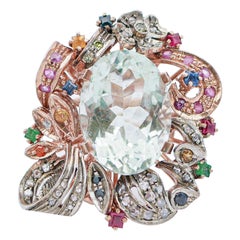 Retro Green Amethyst, Emerlads, Rubies, Sapphires, Diamonds, Rose Gold and Silver Ring