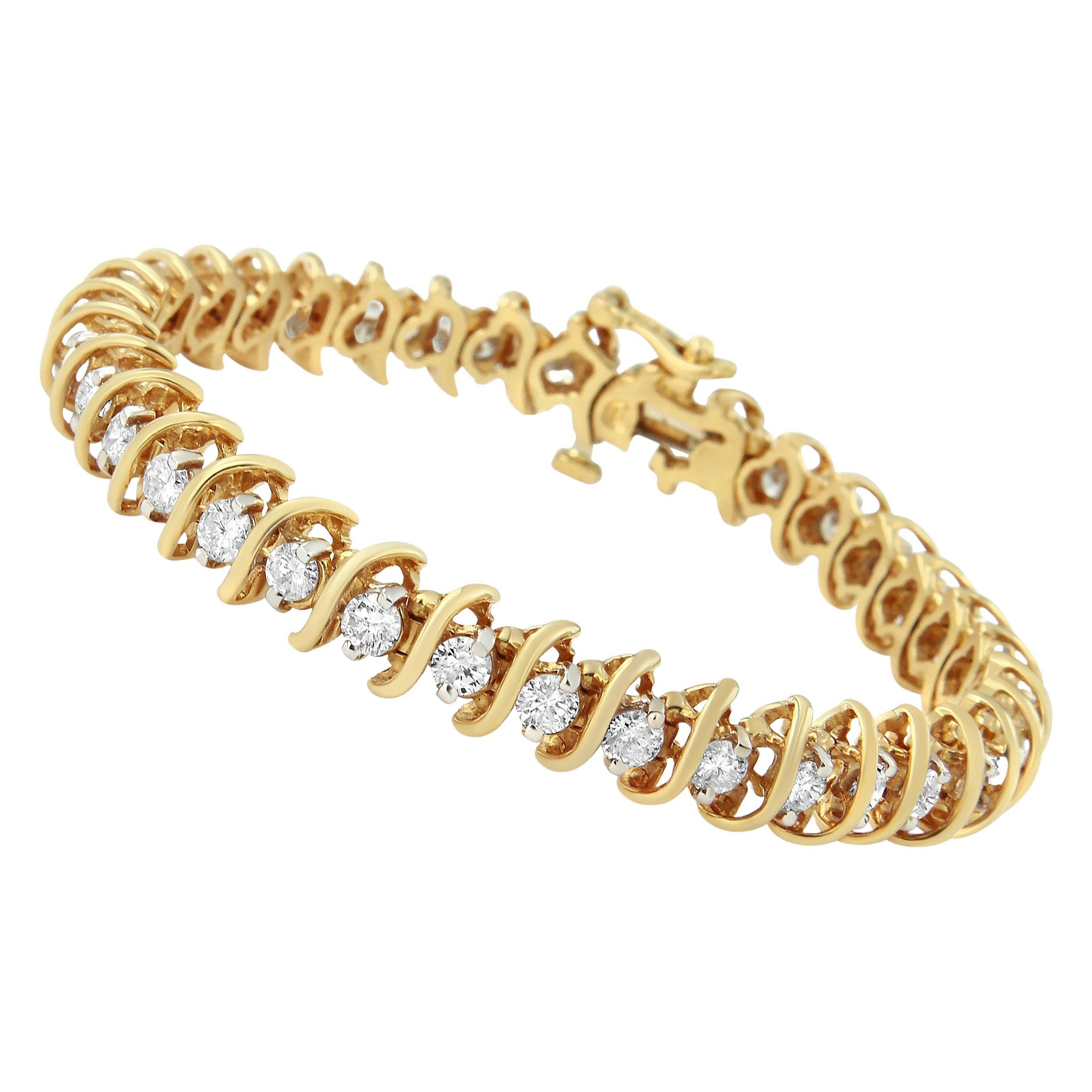 AGS Certified 18K Yellow Gold 5.00 Cttw "S" Link Round Diamond Tennis Bracelet For Sale