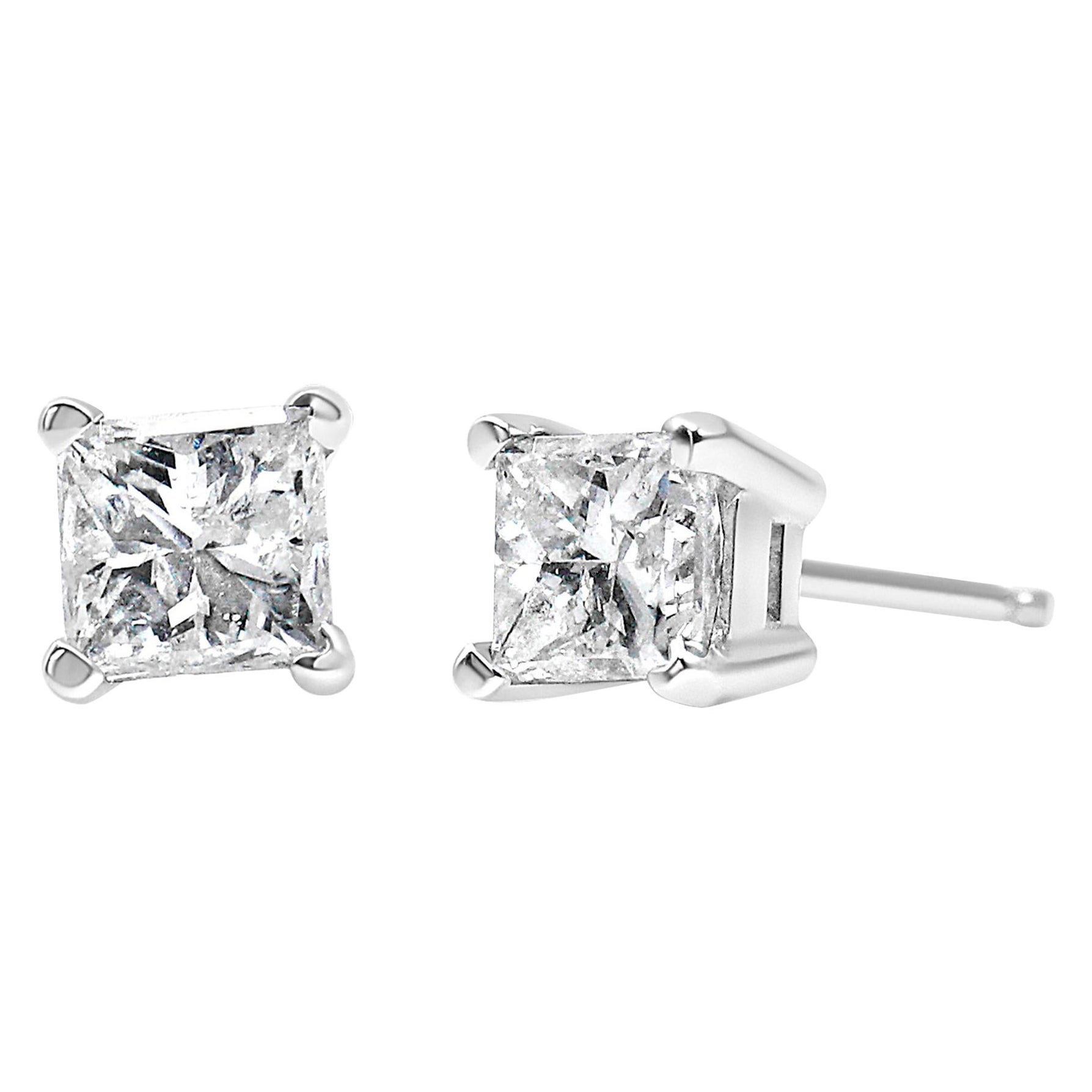 AGS Certified 14K White Gold 1.0 Carat Princess-Cut Diamond Stud Earrings For Sale