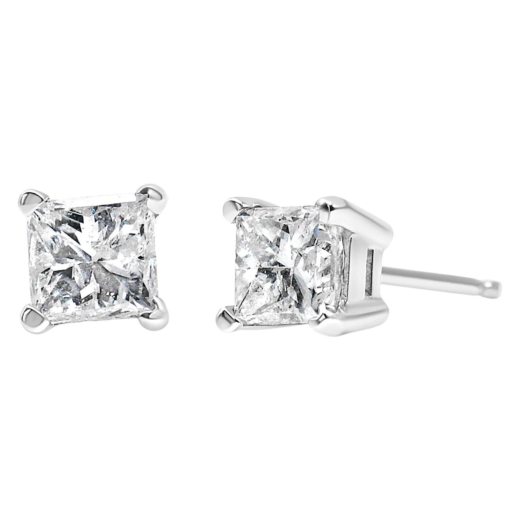 AGS Certified 14K White Gold 1.0 Ct Princess-Cut Solitaire Diamond Stud Earrings For Sale
