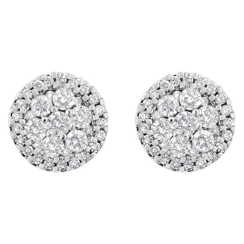 AGS Certified 14K White Gold 1.0 Carat Diamond Halo-Style Cluster Stud Earrings For Sale
