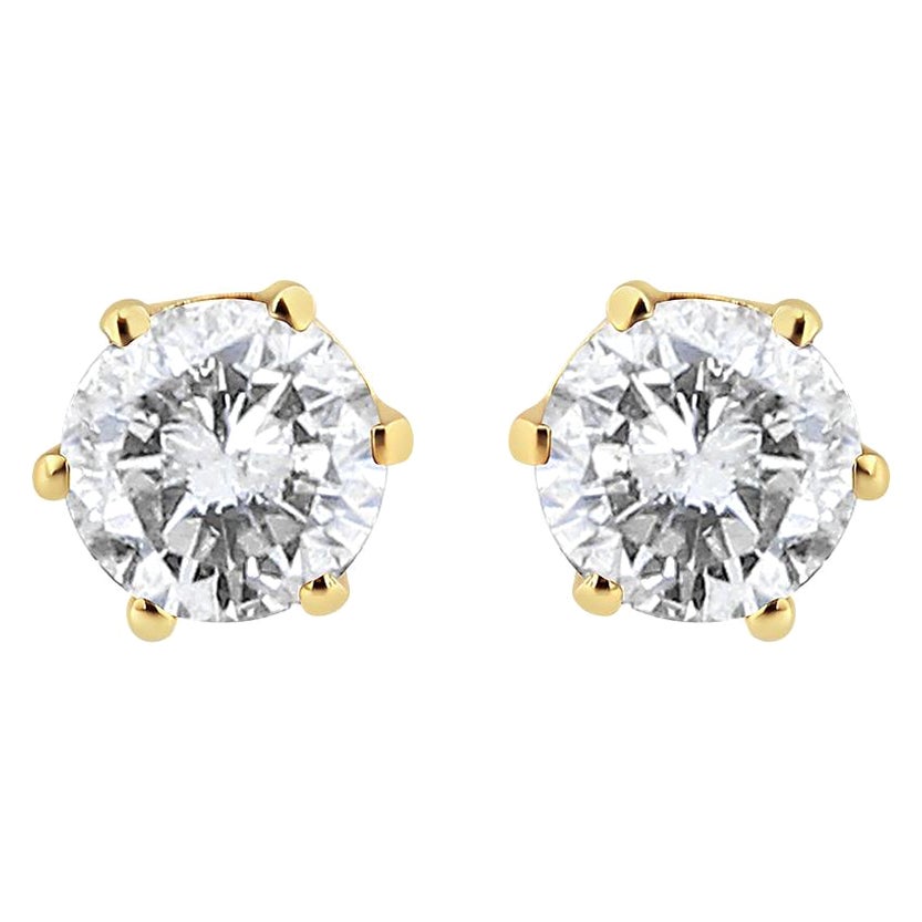 14K Yellow Gold 3/4 Carat Diamond Solitaire 6 Prong Stud Earrings For Sale