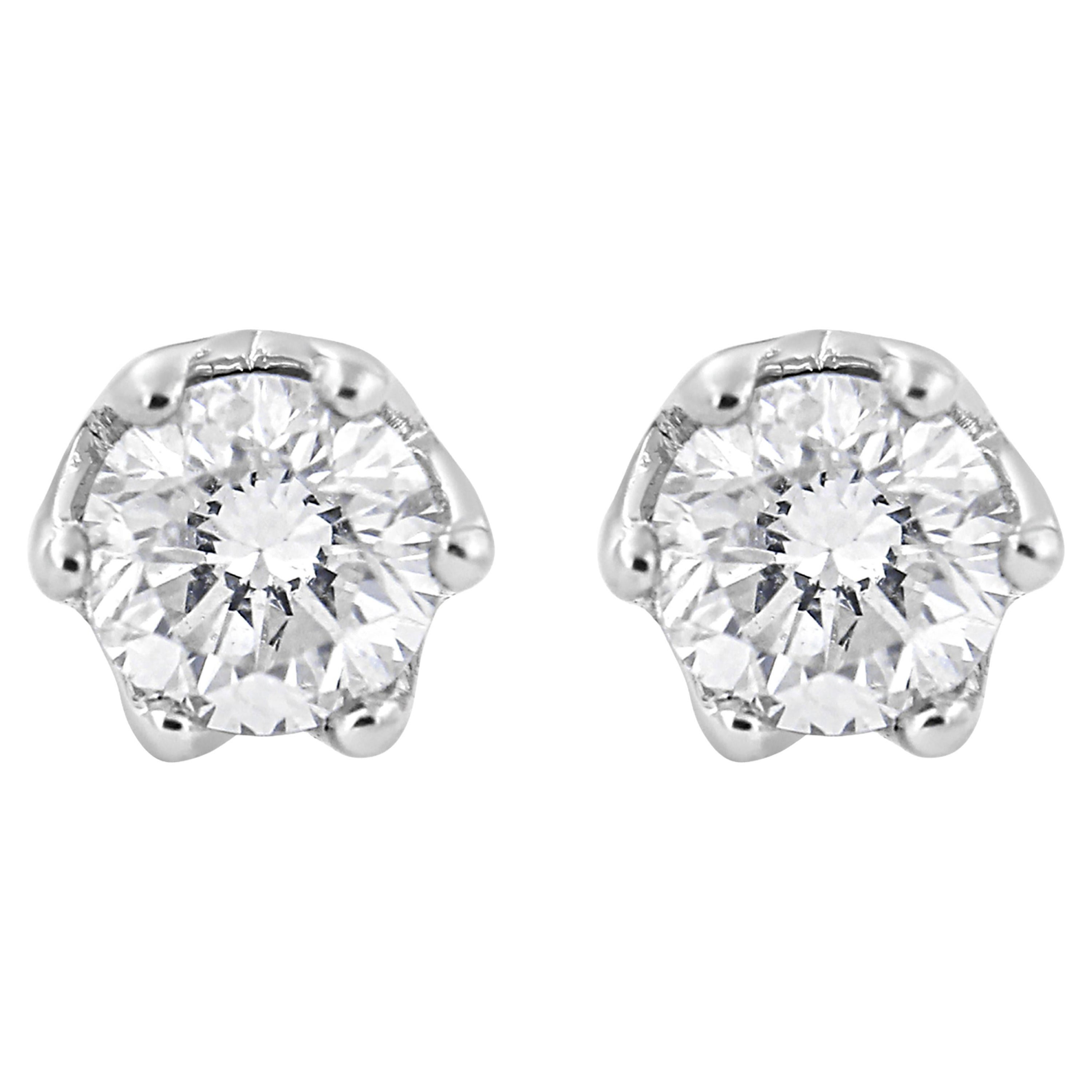 14K White Gold 1/2 Carat Round Diamond 6 Prong Crown Stud Earrings For Sale
