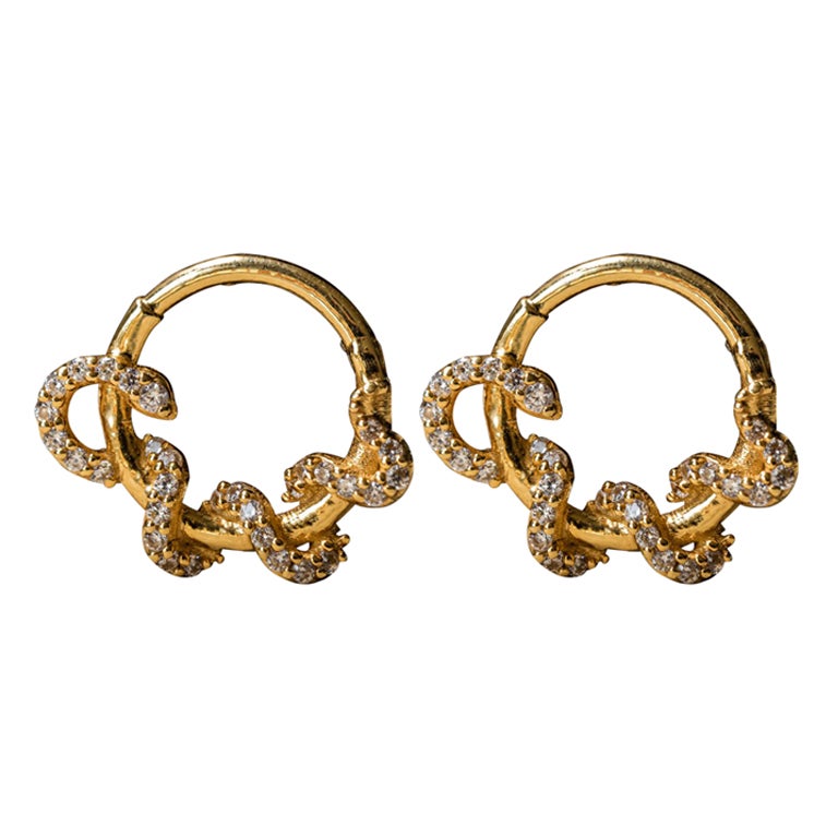 Pair of Diamond Snake Hoops, 14k Solid Gold Diamond Snake Earrings