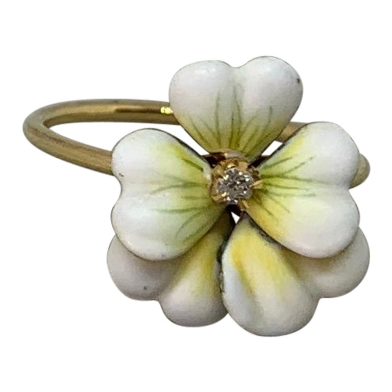 Old Mine Diamond Enamel Pansy Flower Ring Antique Victorian 14 Karat Gold For Sale