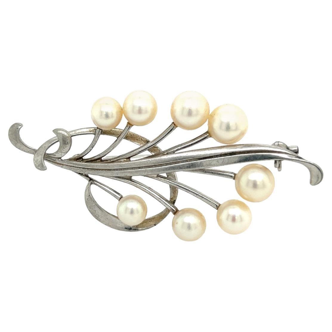 Mikimoto Estate Akoya Pearl Brooch Pin Sterling Silver For Sale