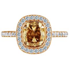 2.54 carat Fancy Brown-Yellow GIA Cushion Halo Pave Diamond Ring