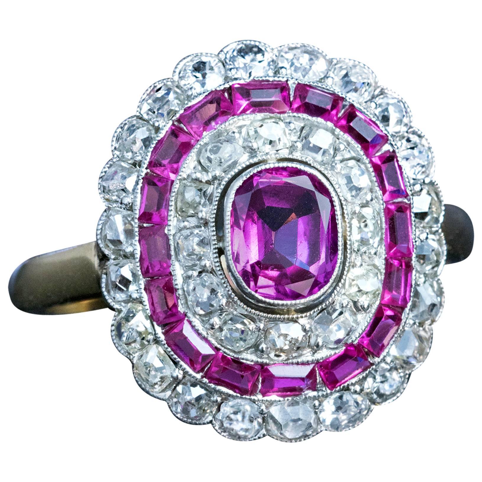 Art Deco Pink Sapphire Diamond Engagement Ring 