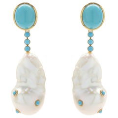 18 Karat Yellow Gold Persian Turquoise and Baroque Pearl Drop Earrings