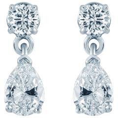 1.32 Carats Round and Pear Cut Diamond Dangle Earrings
