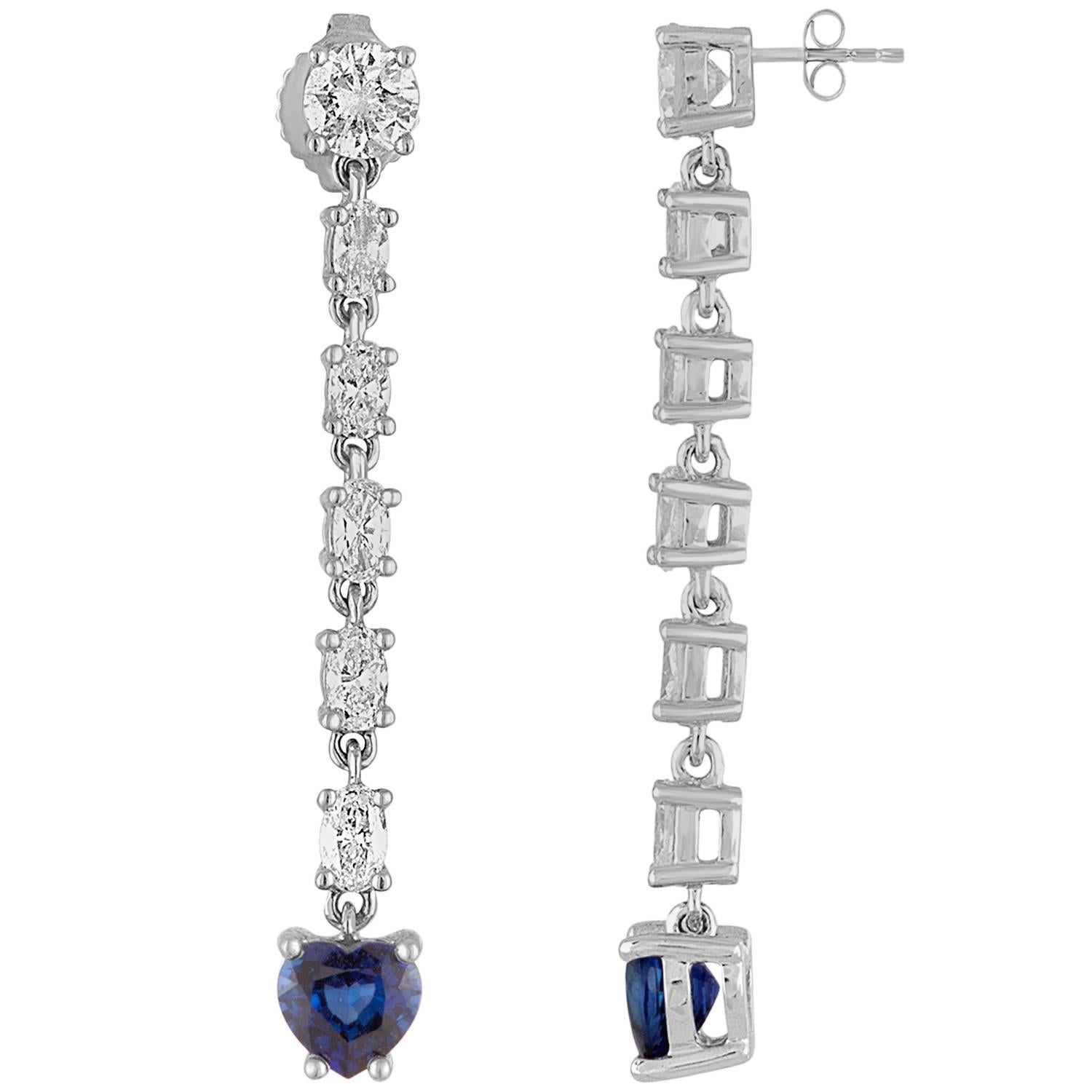 1.74 Carats Sapphire Diamond Heart Long Dangle Gold Earrings For Sale