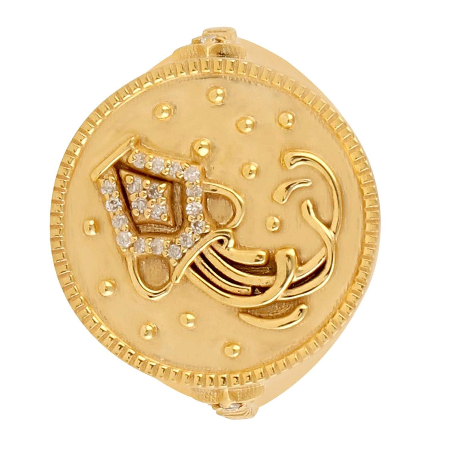 Aquarius Sunsign Zodiac Ring with Pave Diamonds Made in 14k Gold For Sale